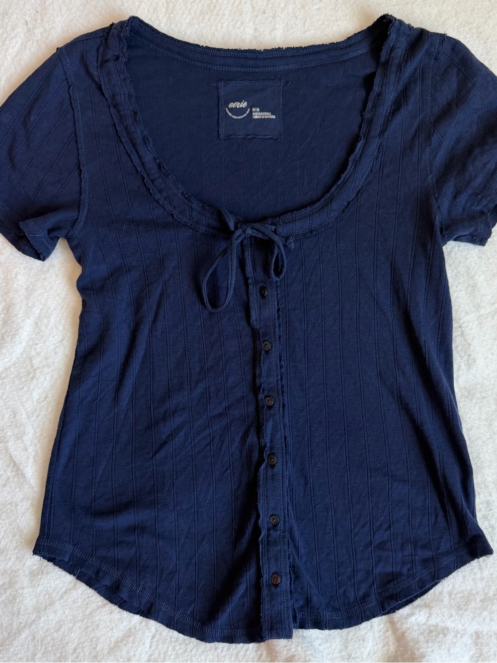 aerie Navy Scoop-Neck Button Tie Front Top